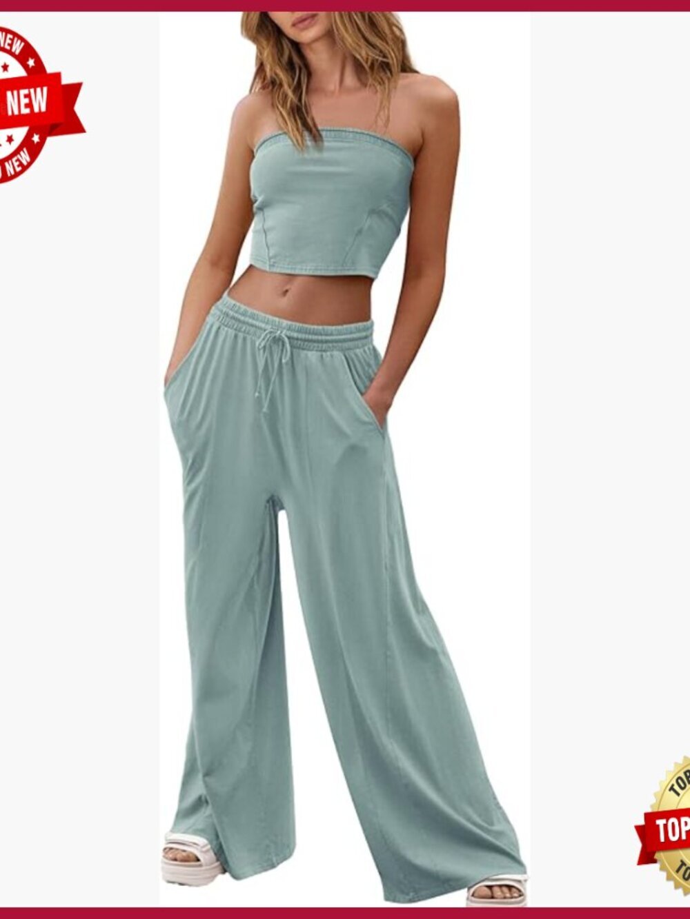 Medium Linen Lounge Set Tube Top Wide Leg Pants Travel Outfit